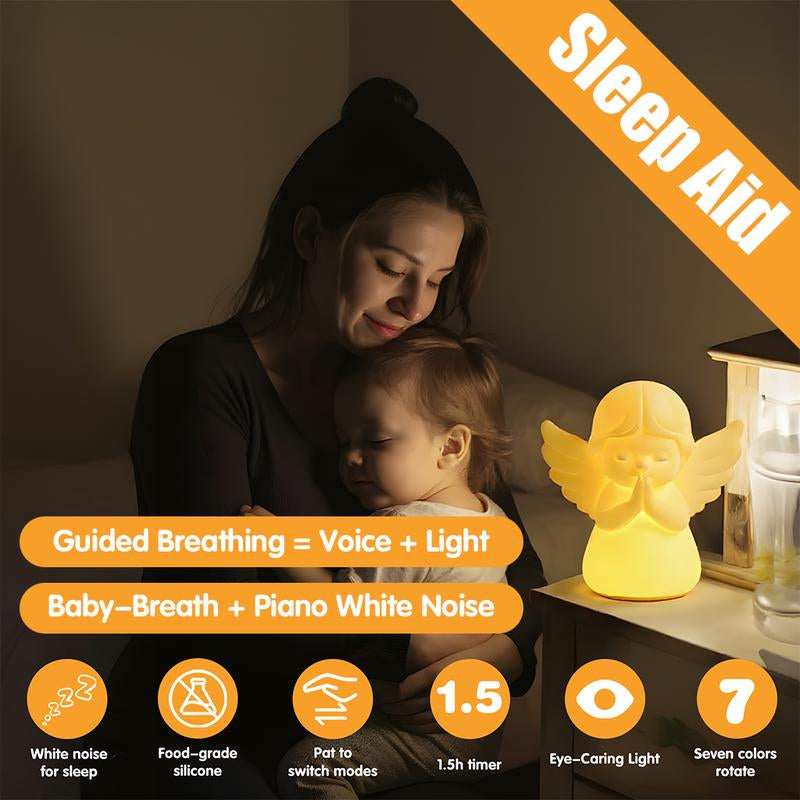 Hiseeme Angel Baby Night Light — White Noise (Baby-Breath + Piano), Soothing Sleep Aid for Infants & Kids，7 RGB Colors, Guided Breathing (Voice+Light) | Tap Ctrl, USB-C, Bpa-Free Silicone, 12-Month Replace